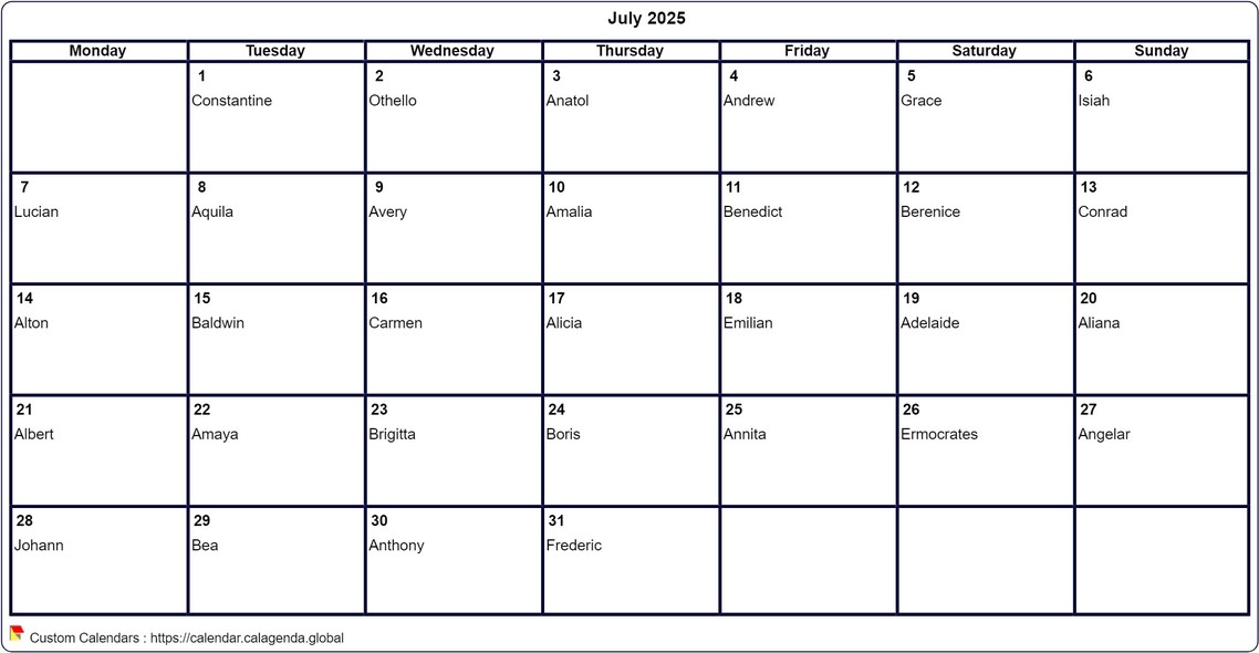 Calendar July 2025 to print blank