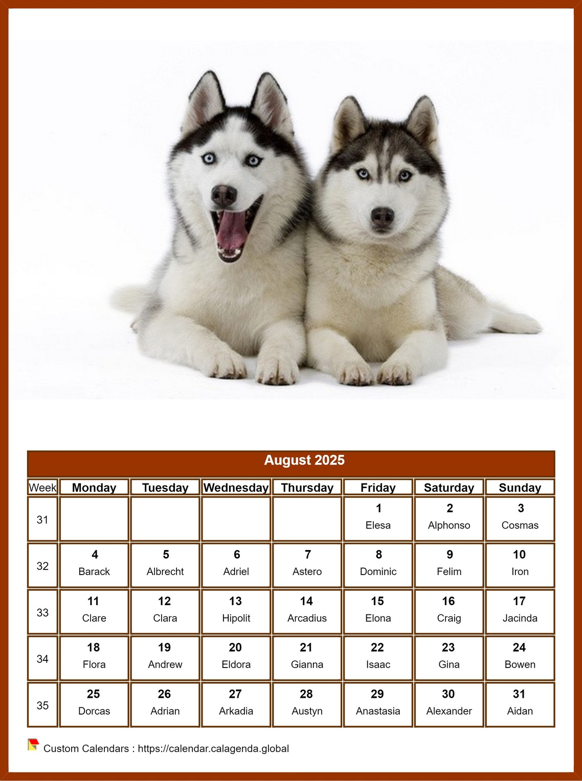 Calendar August 2025 dogs