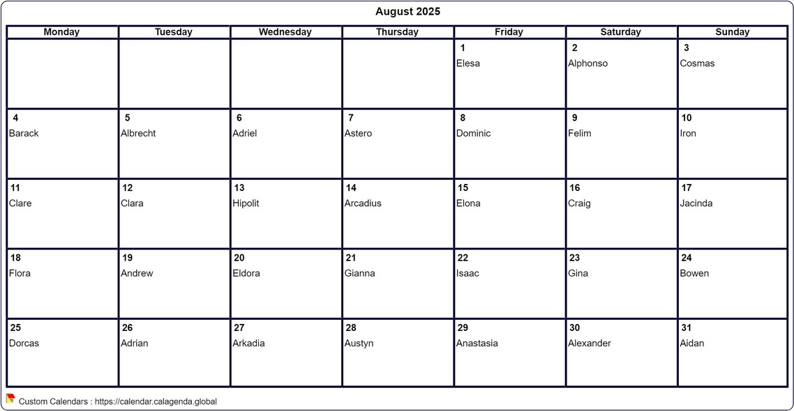 Calendar August 2025 to print blank
