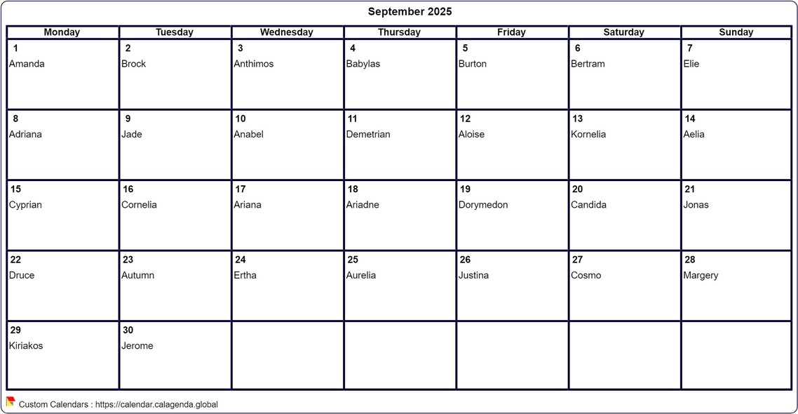 Calendar September 2025 to print blank