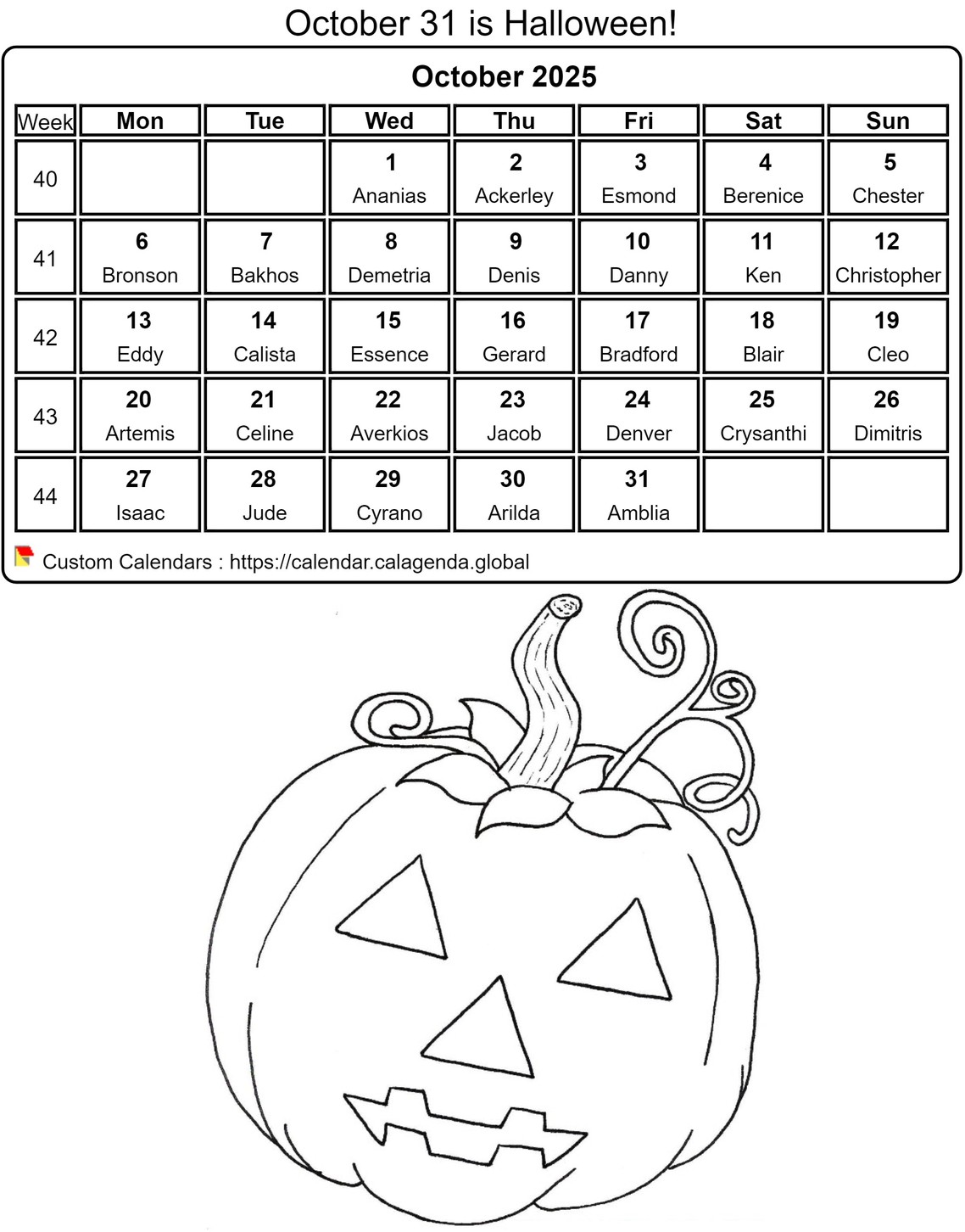 Calendar coloring October 2025