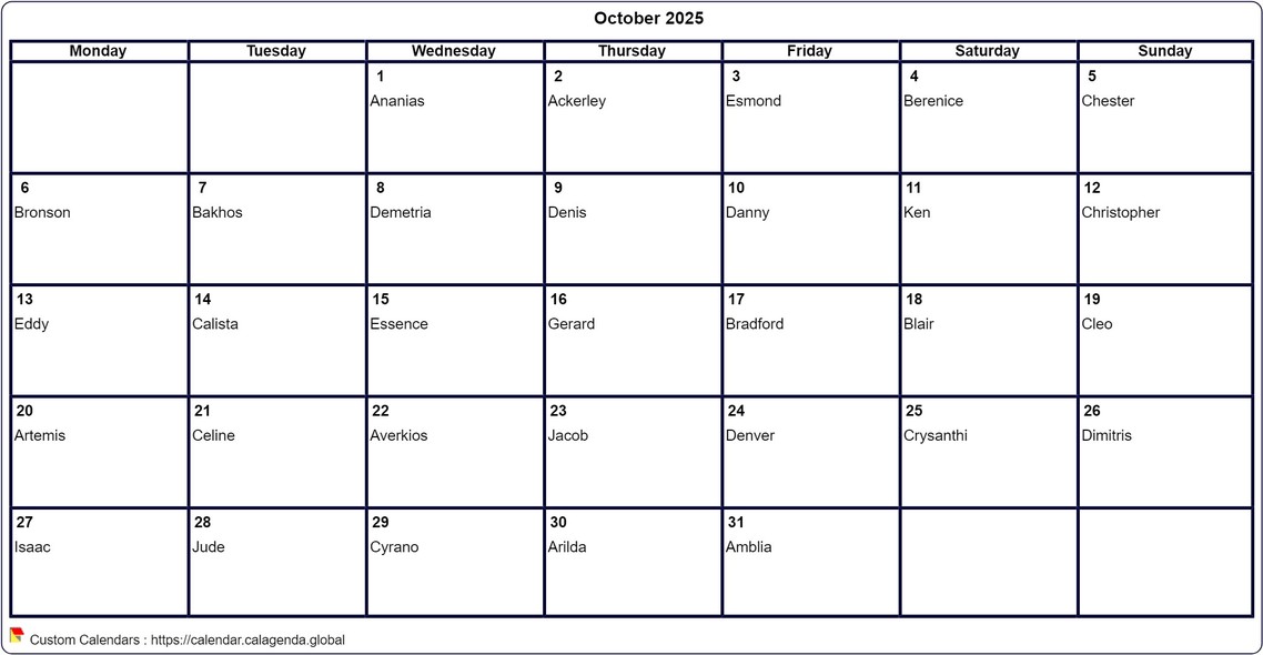 Calendar October 2025 to print blank