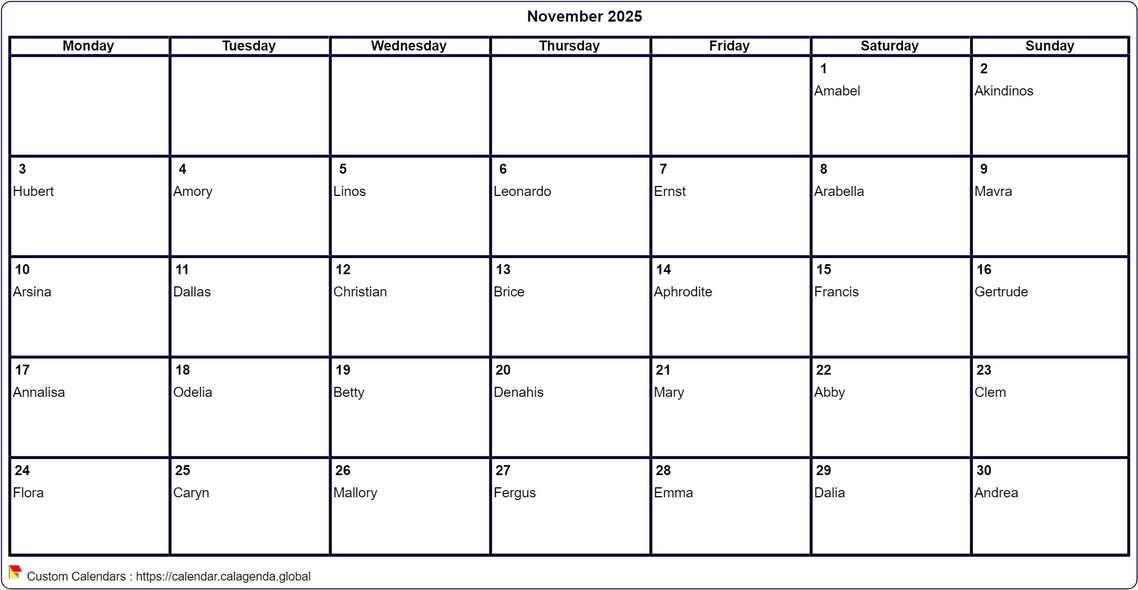 Calendar November 2025 to print blank