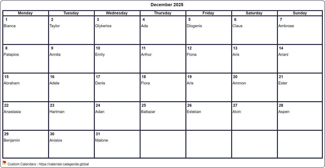 Calendar December 2025 to print blank