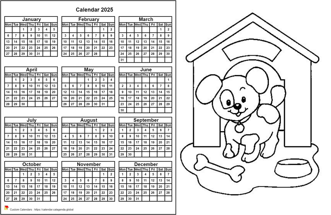 Calendar 2025 to color annual, format landscape, for children