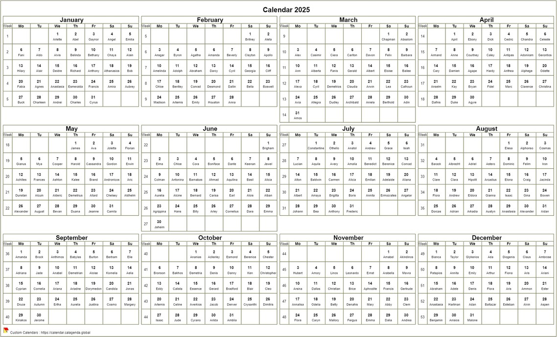  2025 annual calendar to print, format landscape, desk or wall