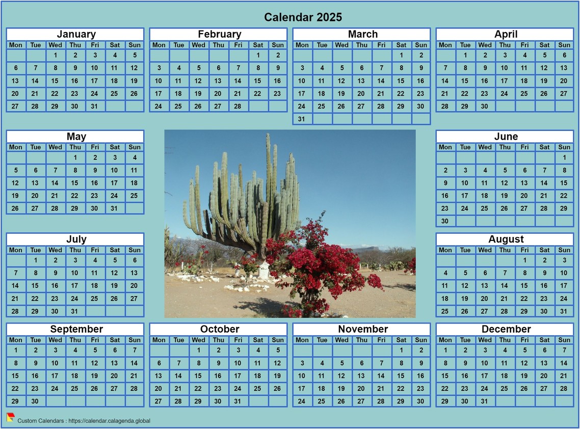 Calendar 2025 photo annual to print, cyan background, format landscape, desk or wall