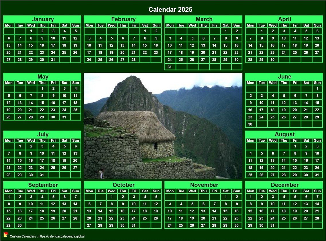 Calendar 2025 photo annual to print landscape, green background, format