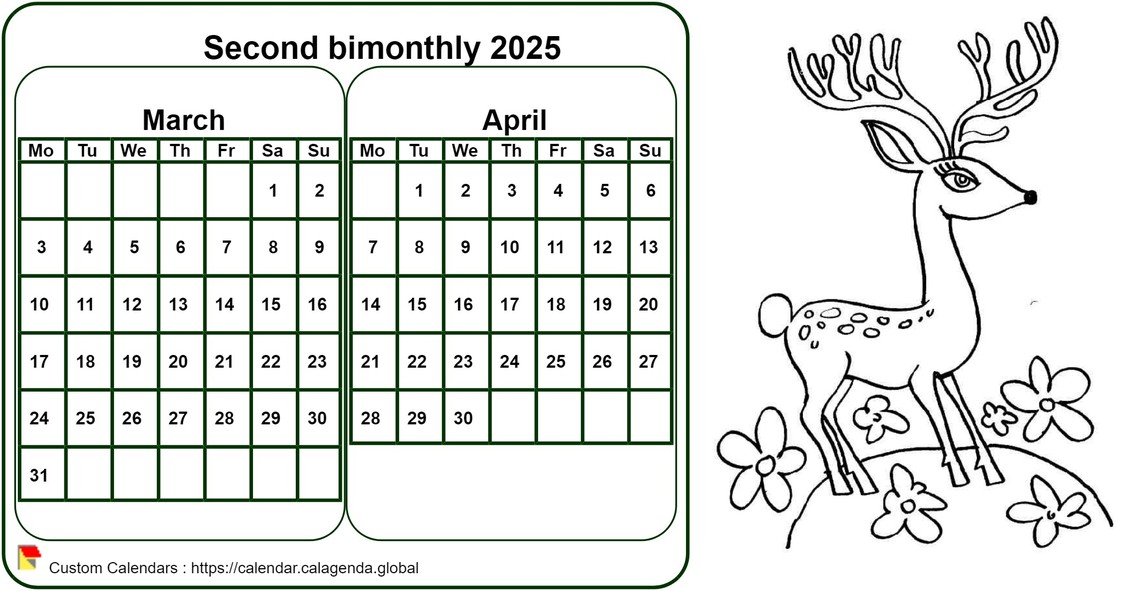 Calendar 2025 to color bimonthly, format landscape, for children