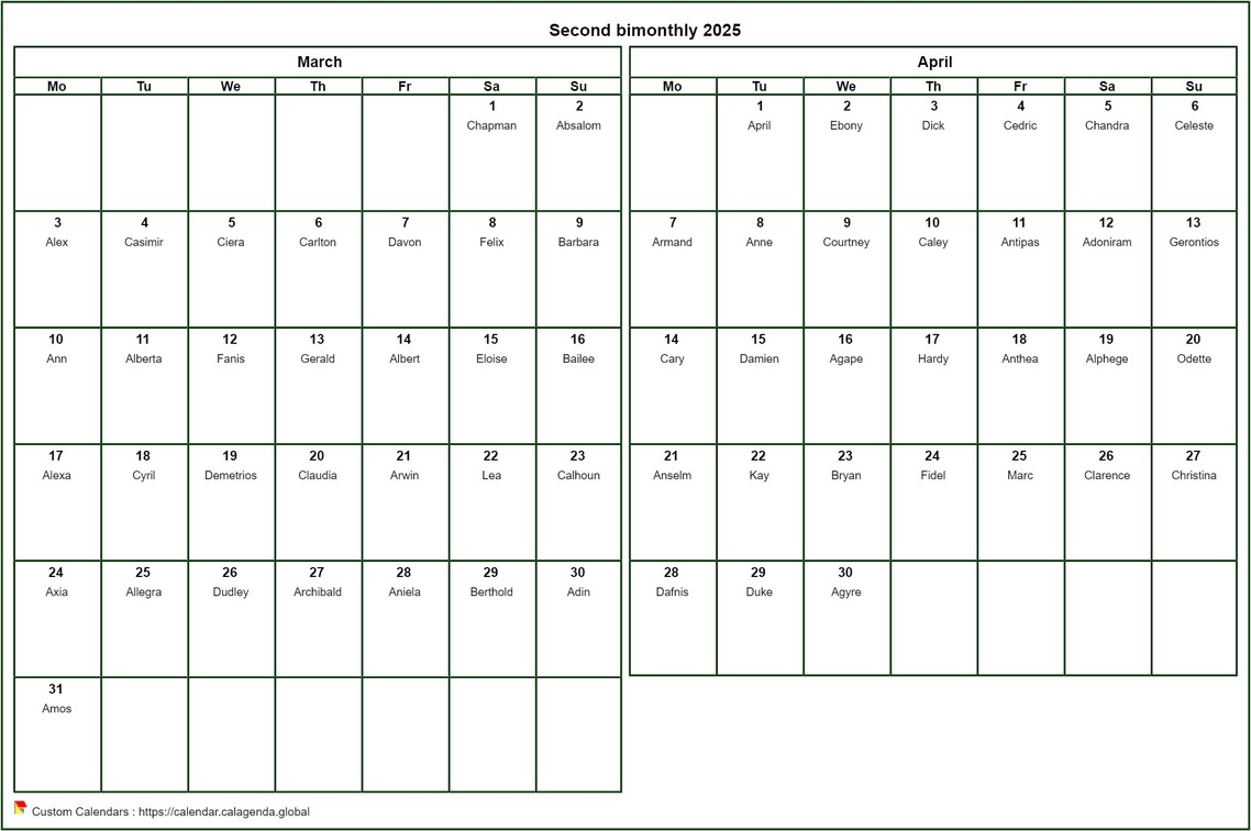 Calendar 2025 bimonthly, format landscape, with names