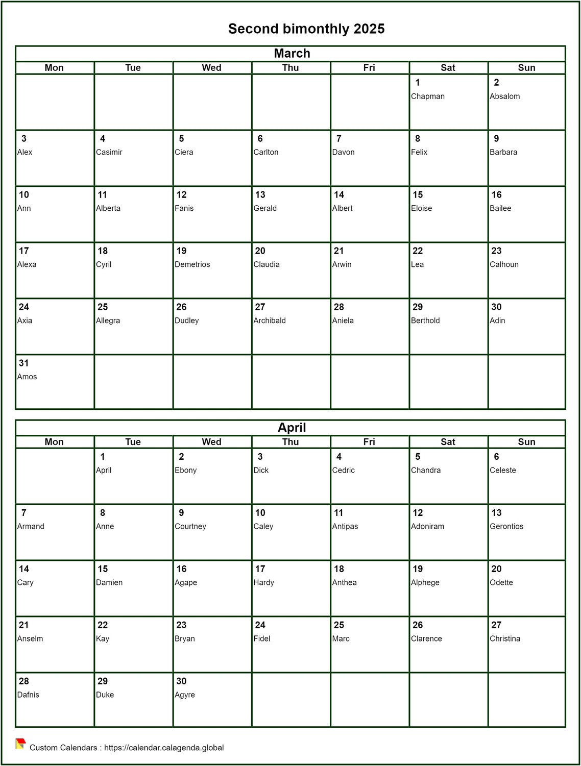 Calendar 2025 bimonthly, format portrait, with names