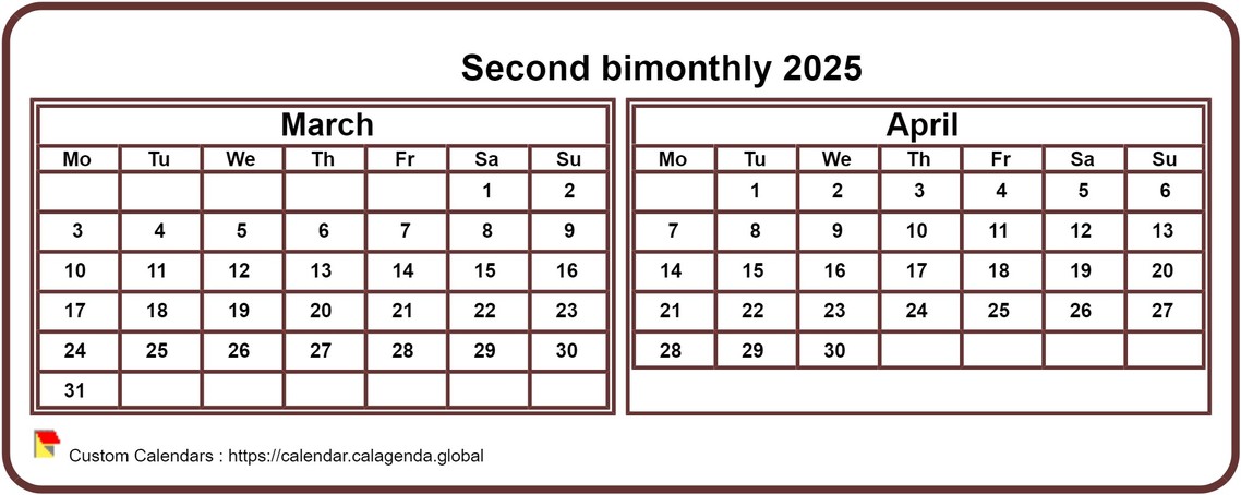 Calendar 2025 two months, tiny horizontal, pocket format, white background