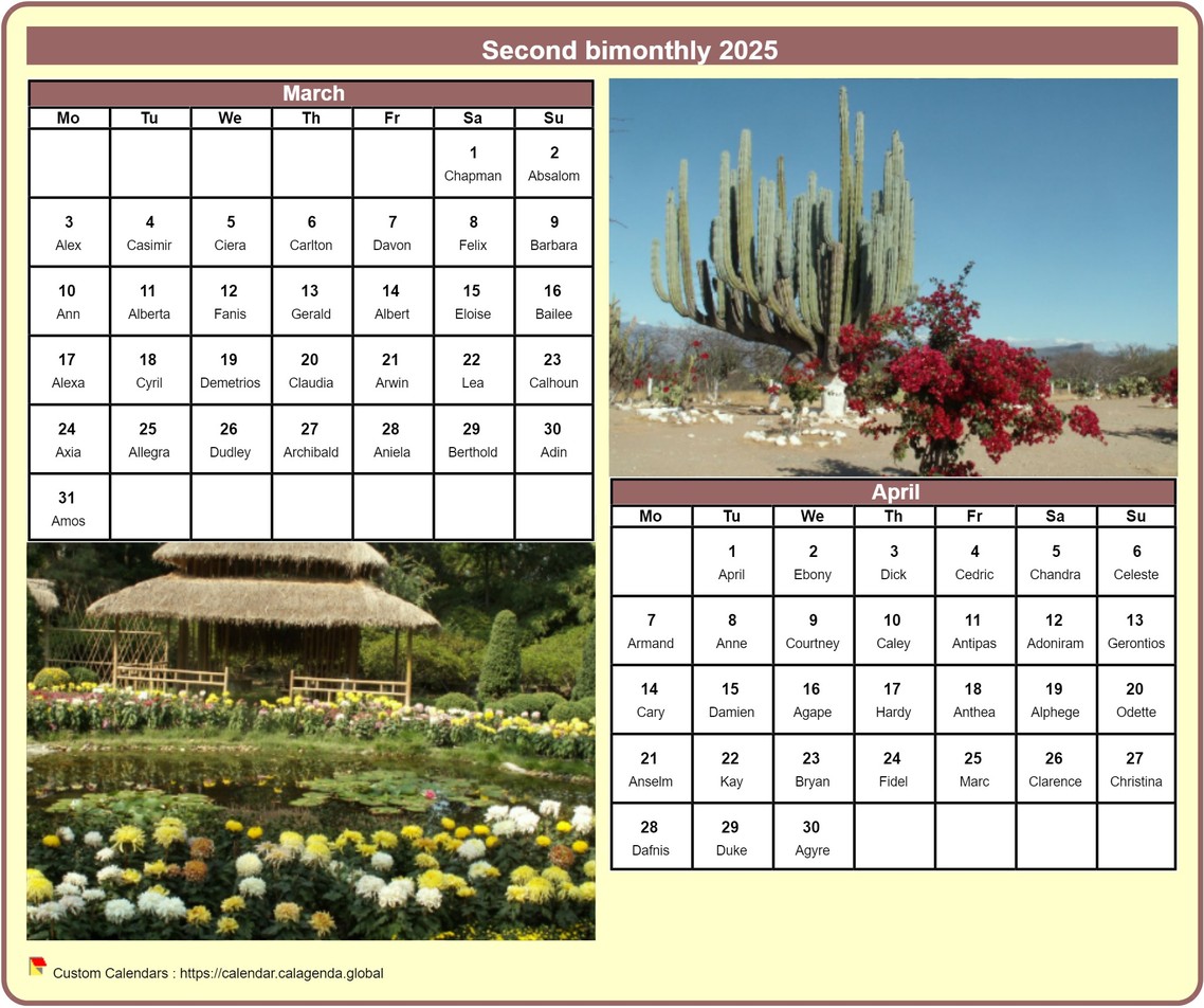 Calendar 2025 bimonthly with a different photo every month