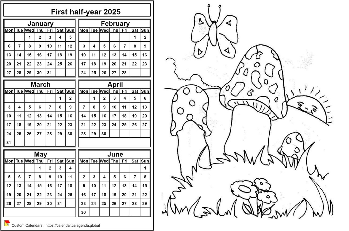Calendar 2025 to color half-year, format landscape, for children
