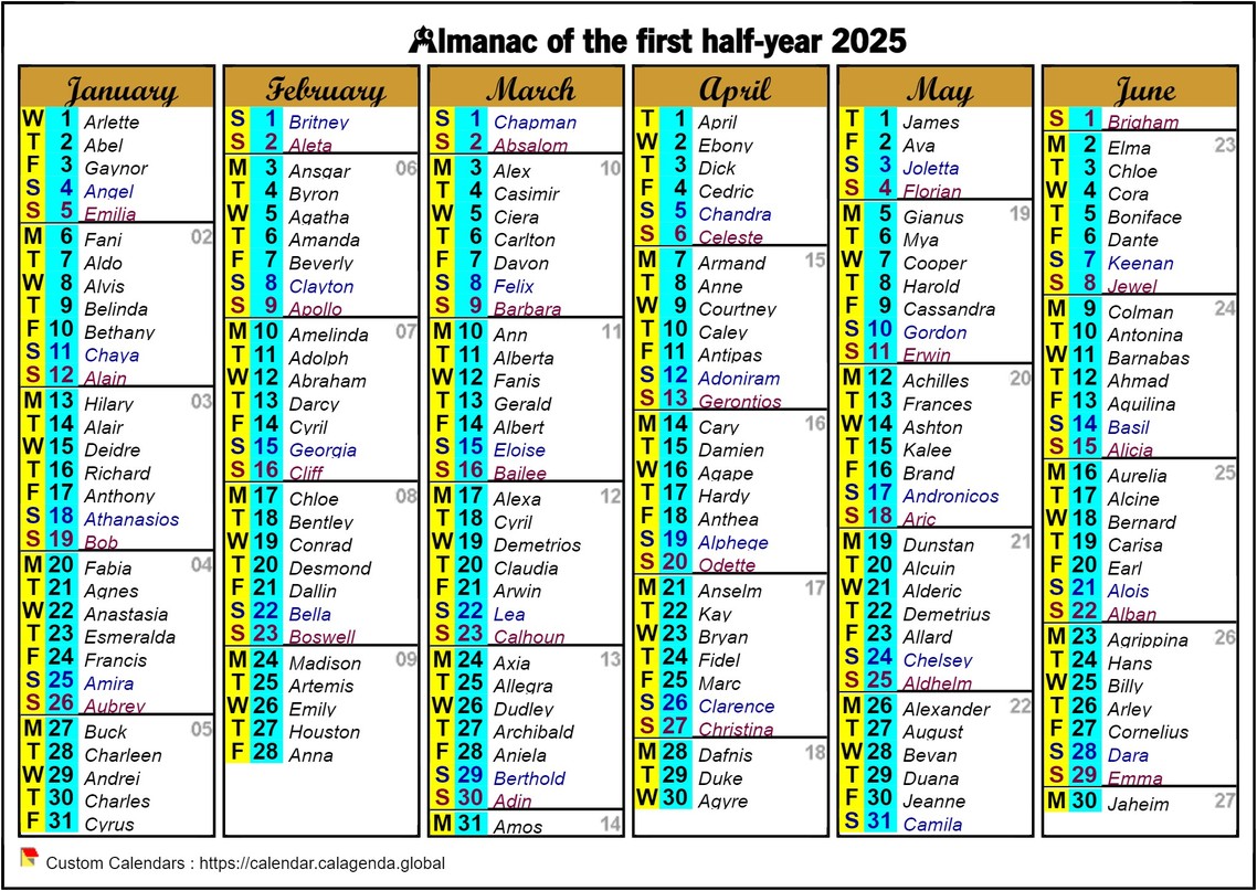 Calendar 2025 half-year six columns of format landscape