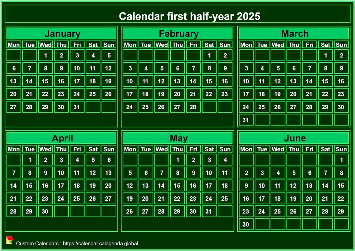 Calendar 2025 to print, half-year, tiny pocket format, green background