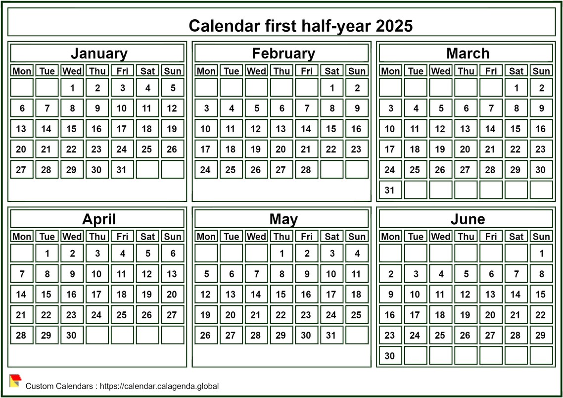 Calendar 2025 to print, half-year, tiny pocket format, white background