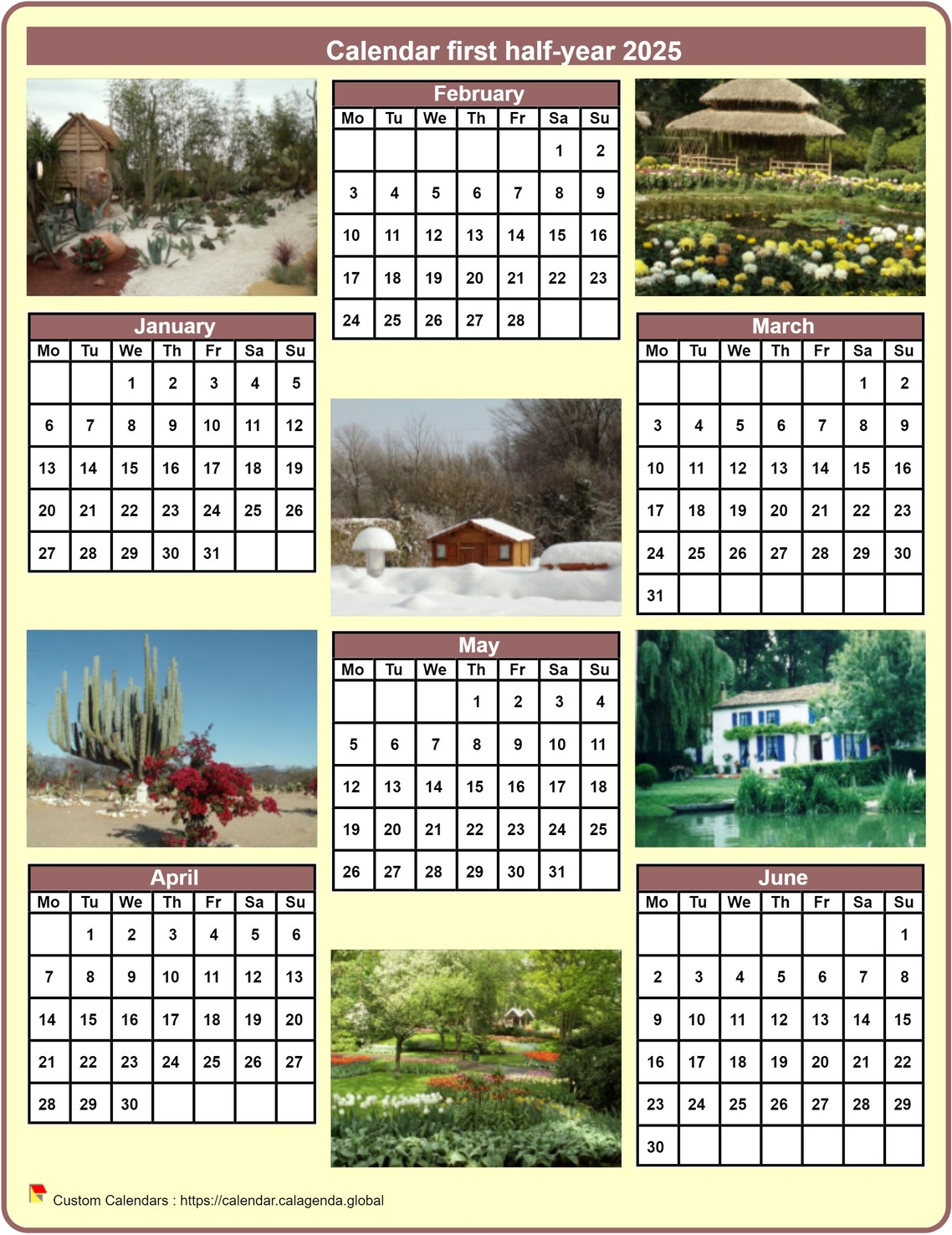 Calendar 2025 half-year with a different photo every month
