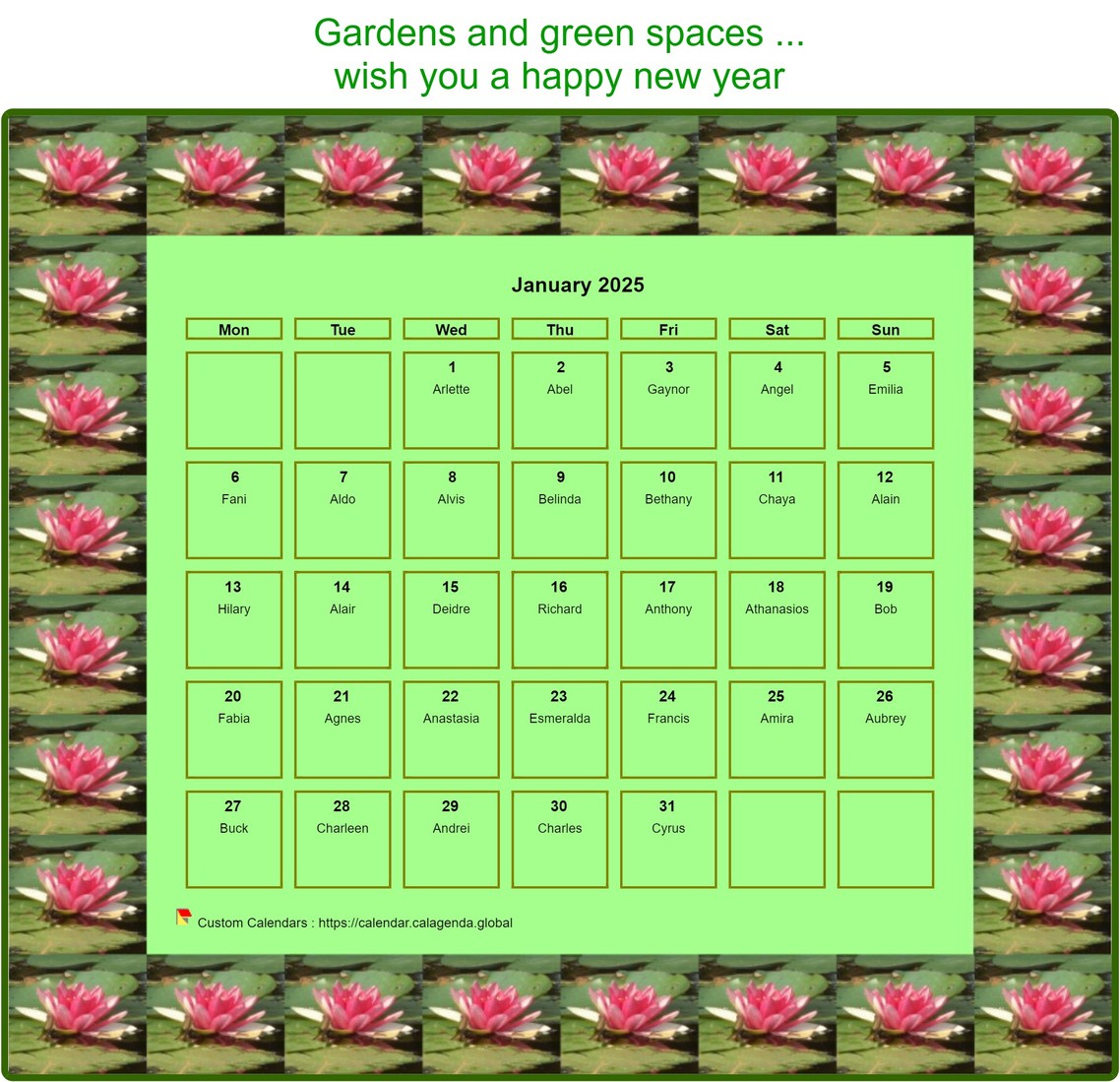 Calendar 2025 decorative agenda monthly, frame with motives waterlilies