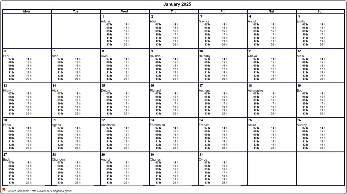 Calendar monthly 2025 to print virgin, with timetables in every box