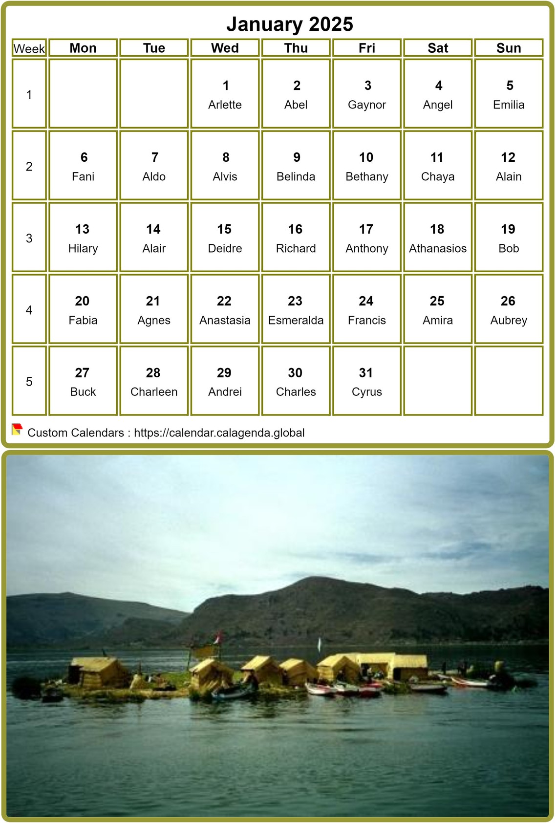 Calendar monthly 2025, table with photo