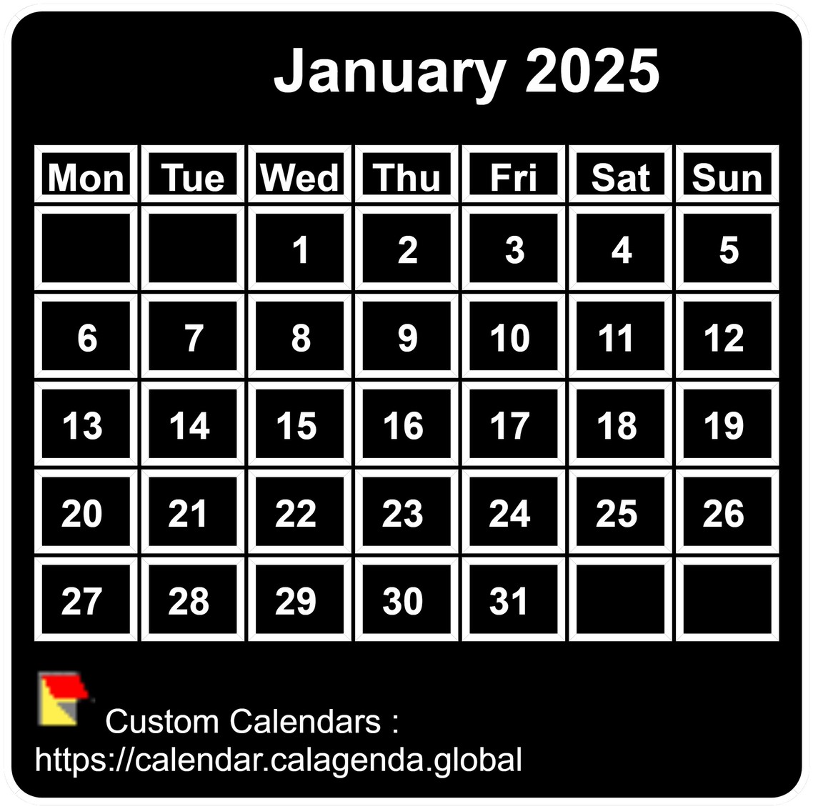 Calendar monthly 2025 to print, black background, tiny size, pocket size, special wallet