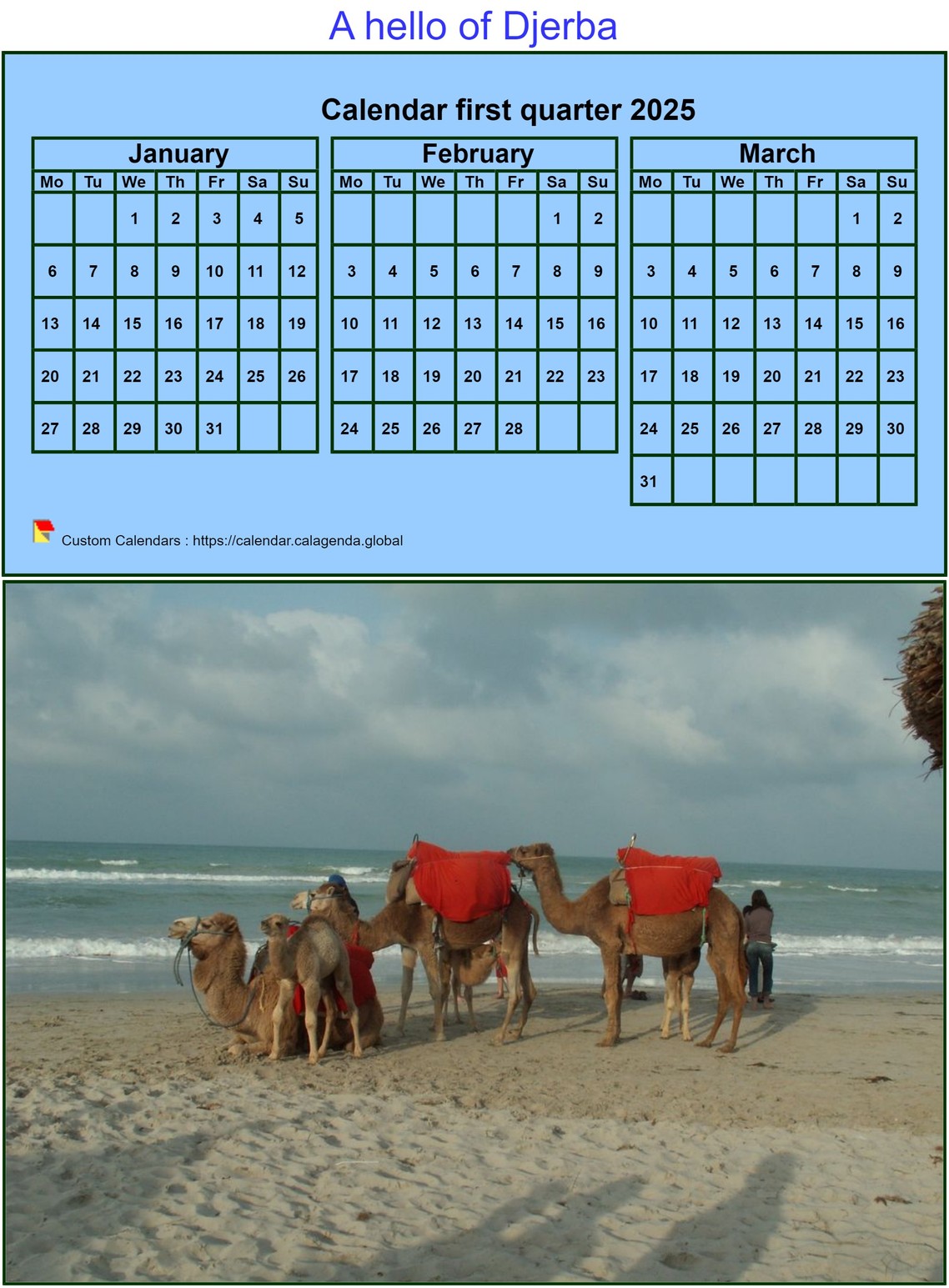 Calendar 2025 to print quarterly, tiny format, blue background, with photo