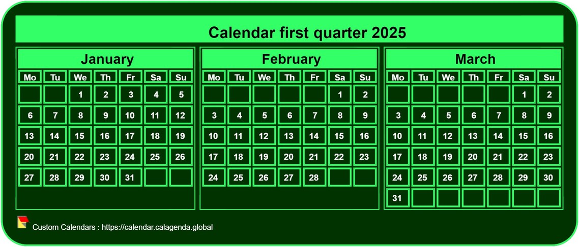 Calendar 2025 to print quarterly, tiny pocket format, green background