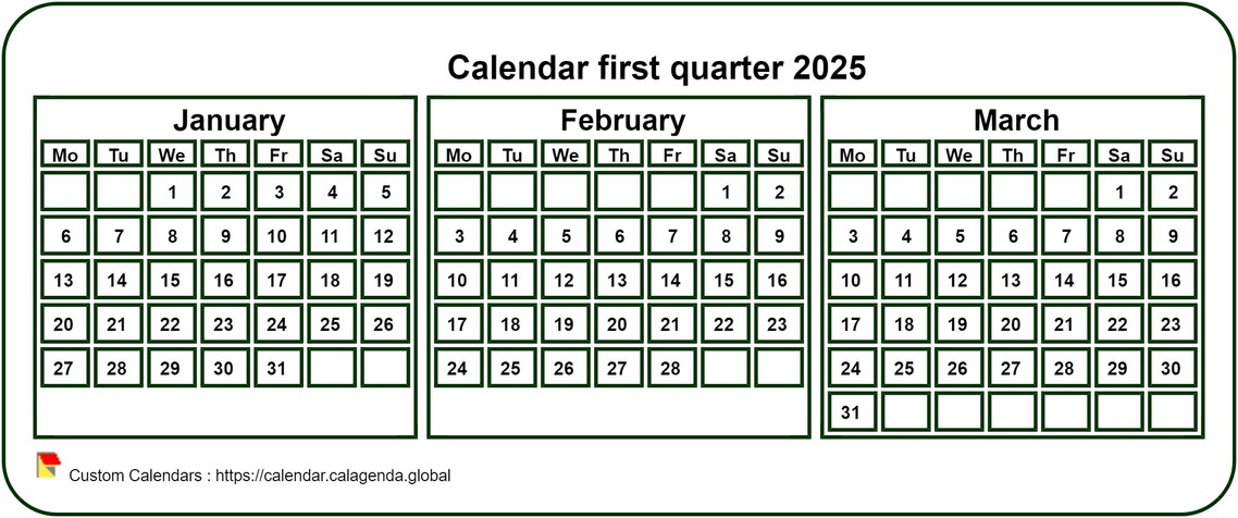 Calendar 2025 to print quarterly, tiny pocket format, white background
