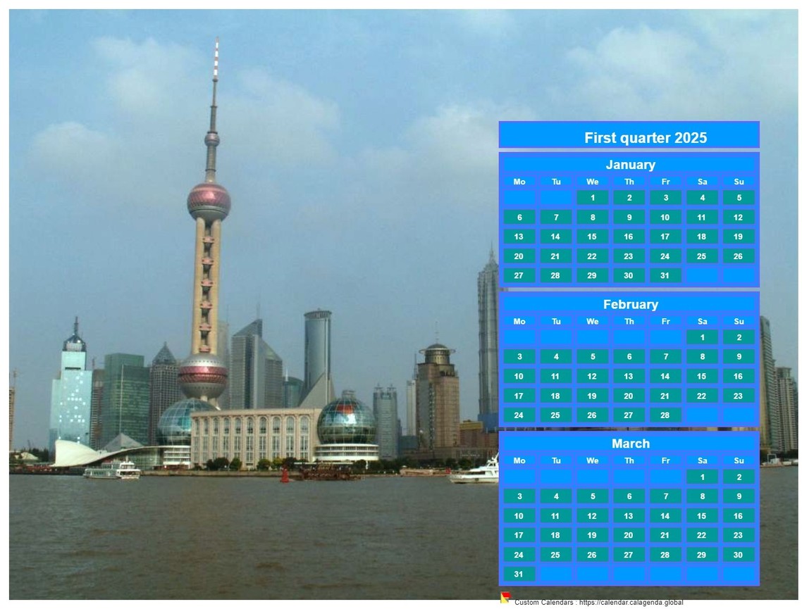 Calendar 2025 to print quarterly, format landscape, above the right part of a photo (Shangaï).
