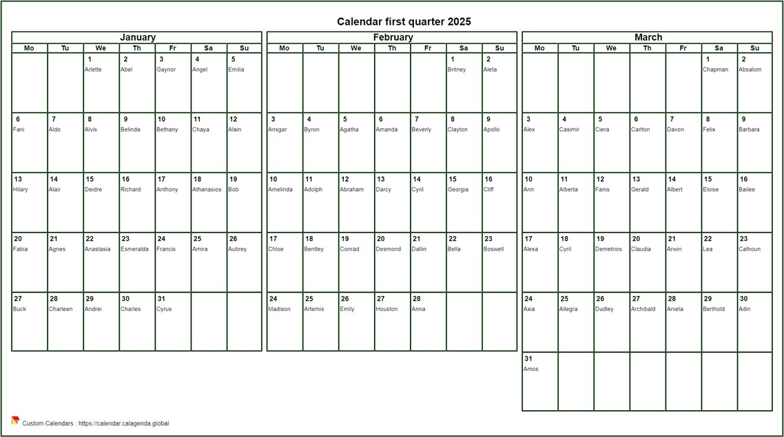 Calendar 2025 to print quarterly, format landscape
