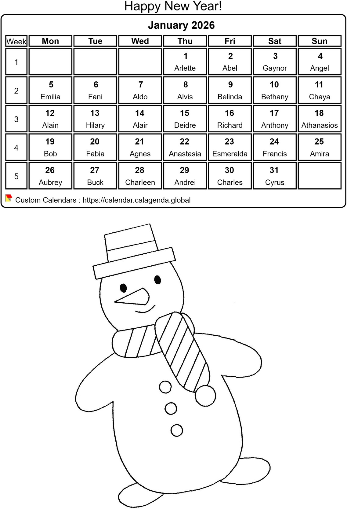 Calendar coloring January 2026