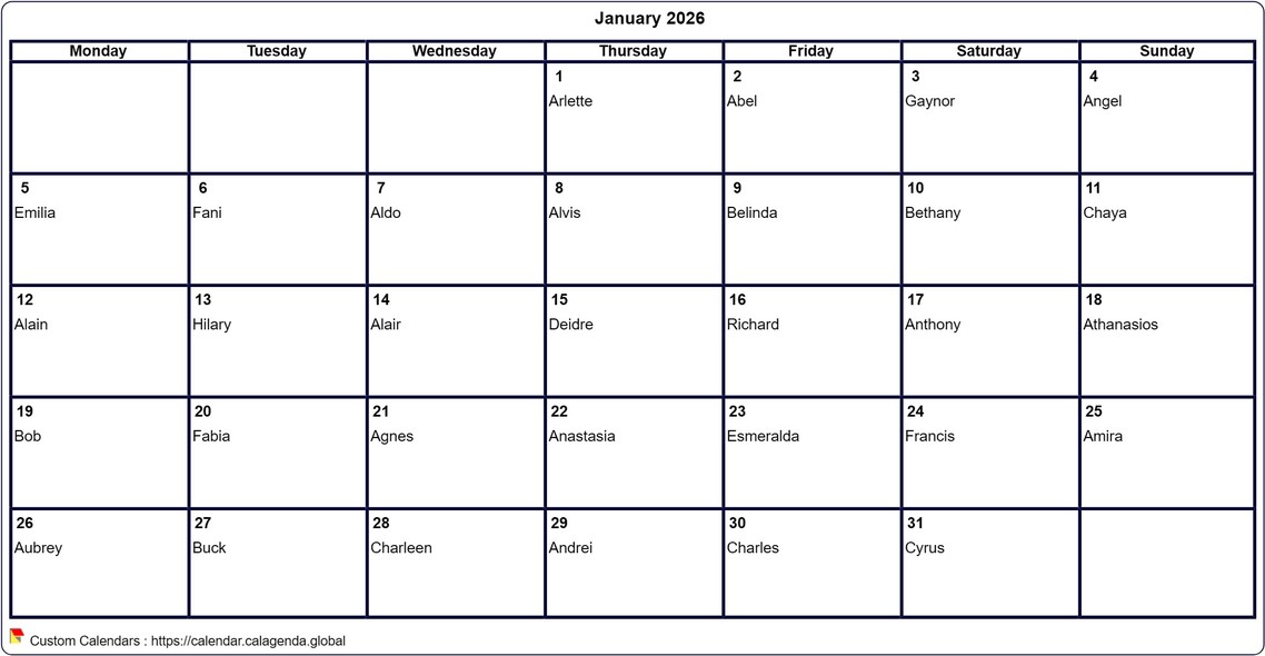 Calendar January 2026 to print blank