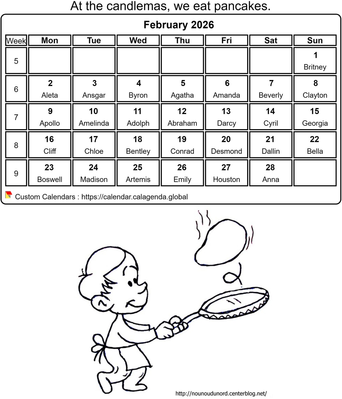 Calendar coloring February 2026