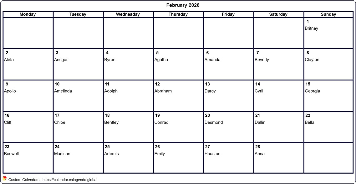 Calendar February 2026 to print blank