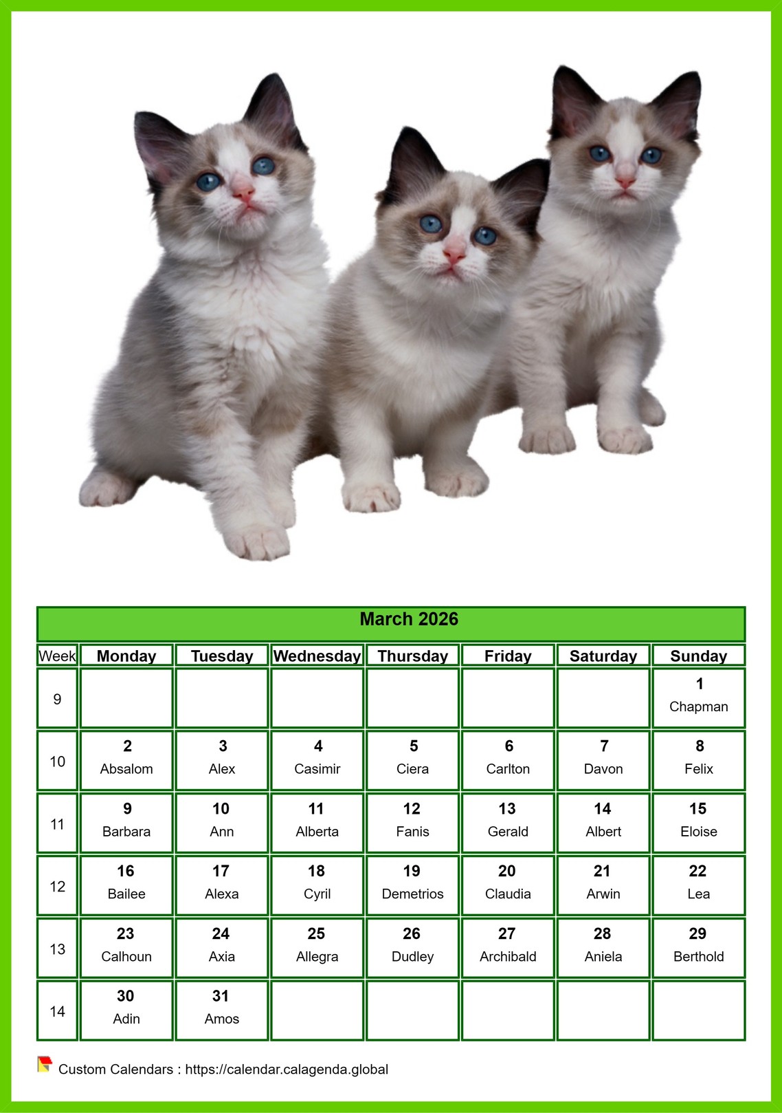 Calendar March 2026 cats