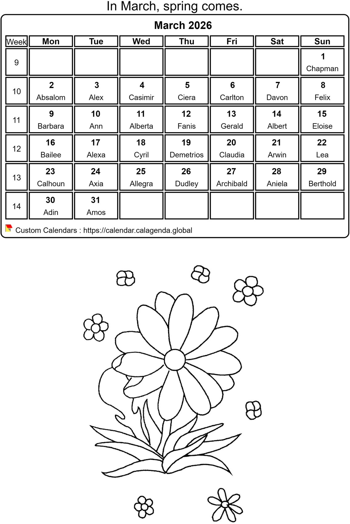 Calendar coloring March 2026