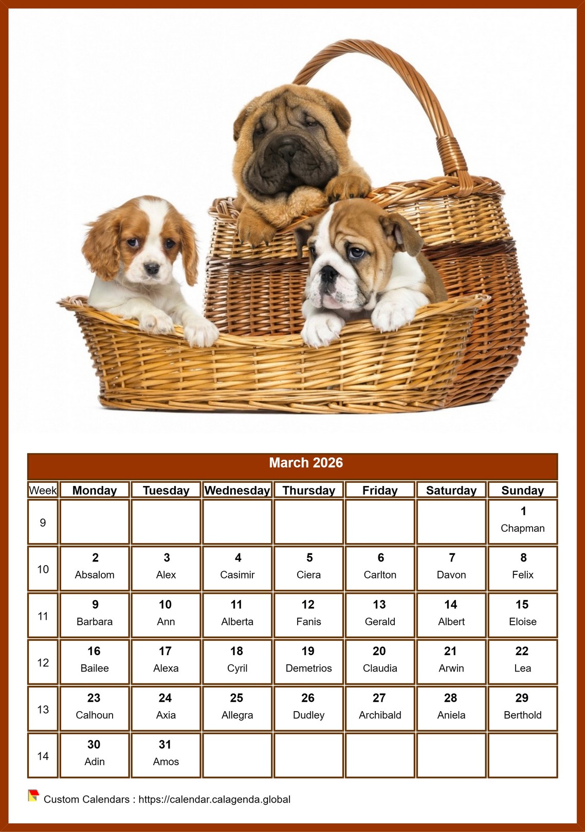 Calendar March 2026 dogs