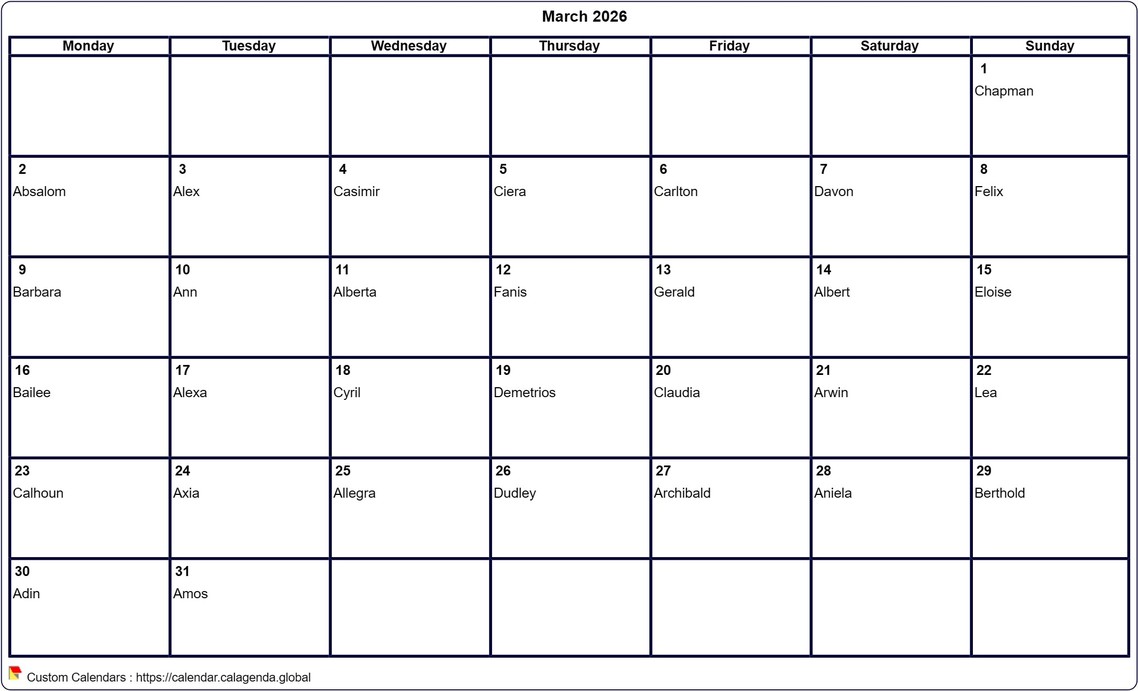 Calendar March 2026 to print blank