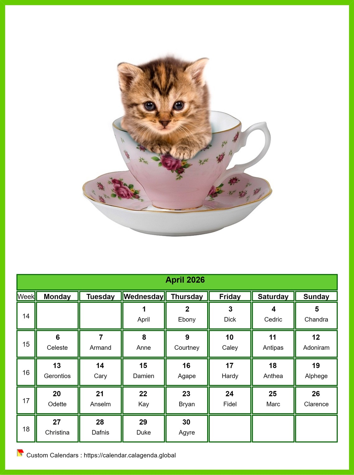 Calendar April 2026 cats