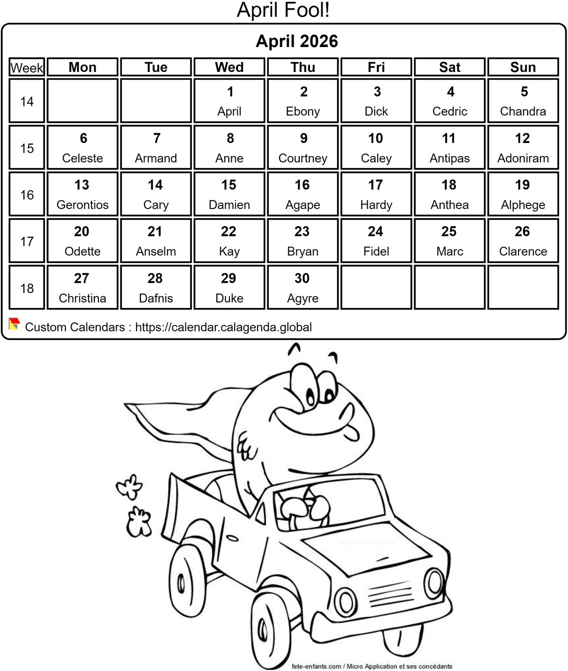 Calendar coloring April 2026