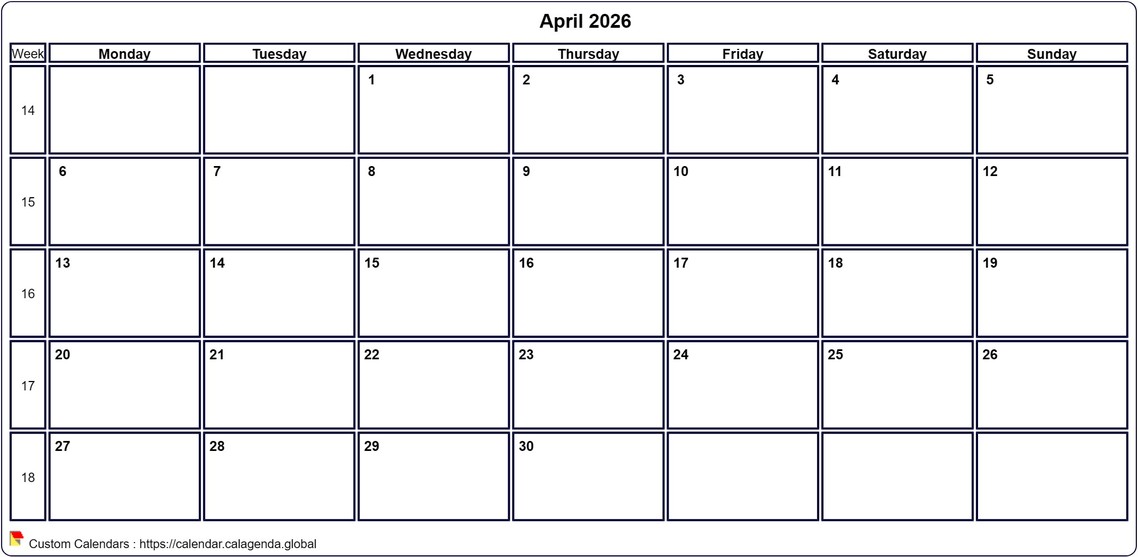 Calendar April 2026 Calendar April 2026