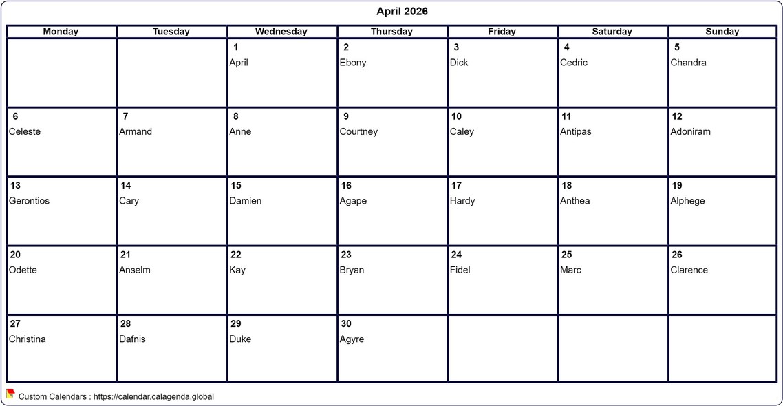 Calendar April 2026 to print blank