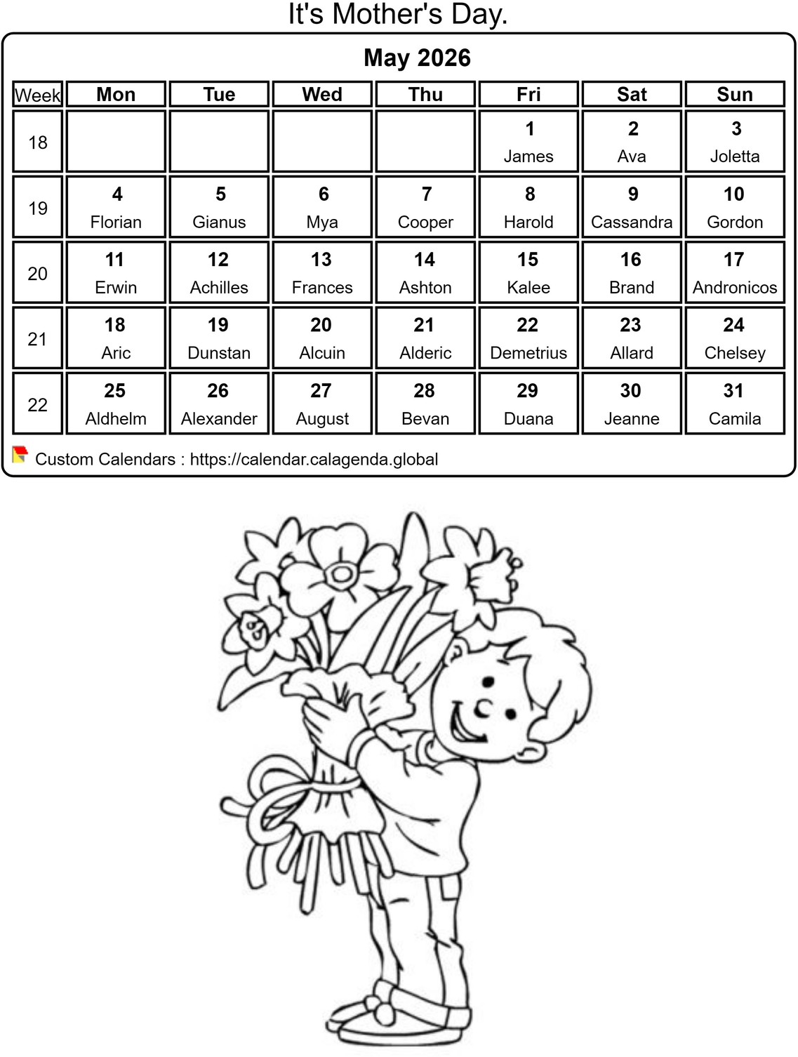 Calendar coloring May 2026