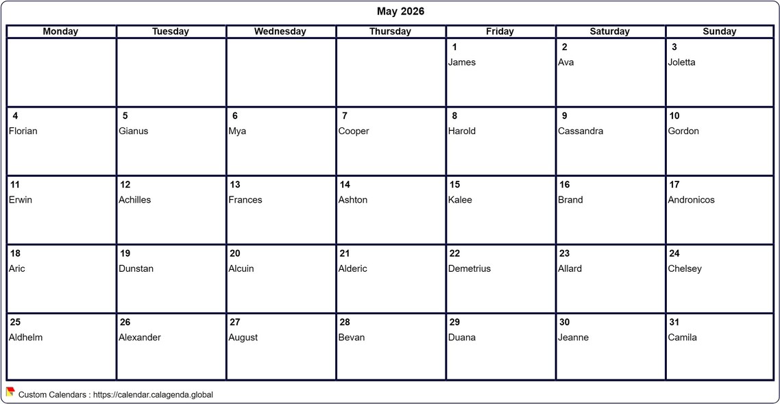 Calendar May 2026 to print blank
