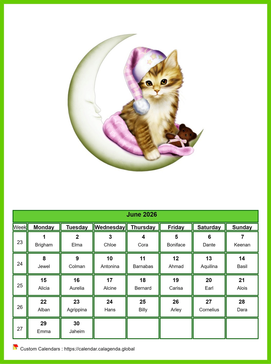 Calendar June 2026 cats