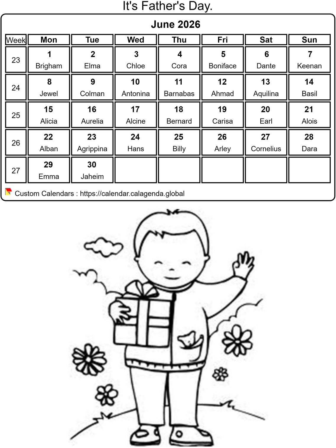Calendar coloring June 2026