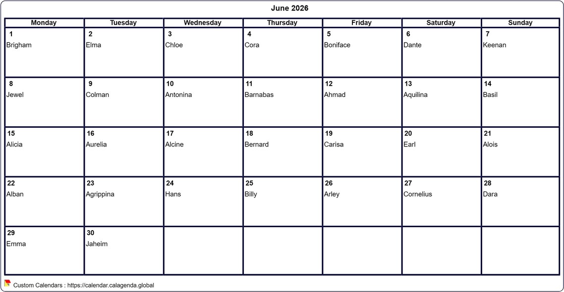 Calendar June 2026 to print blank Calendar June 2026 to print blank