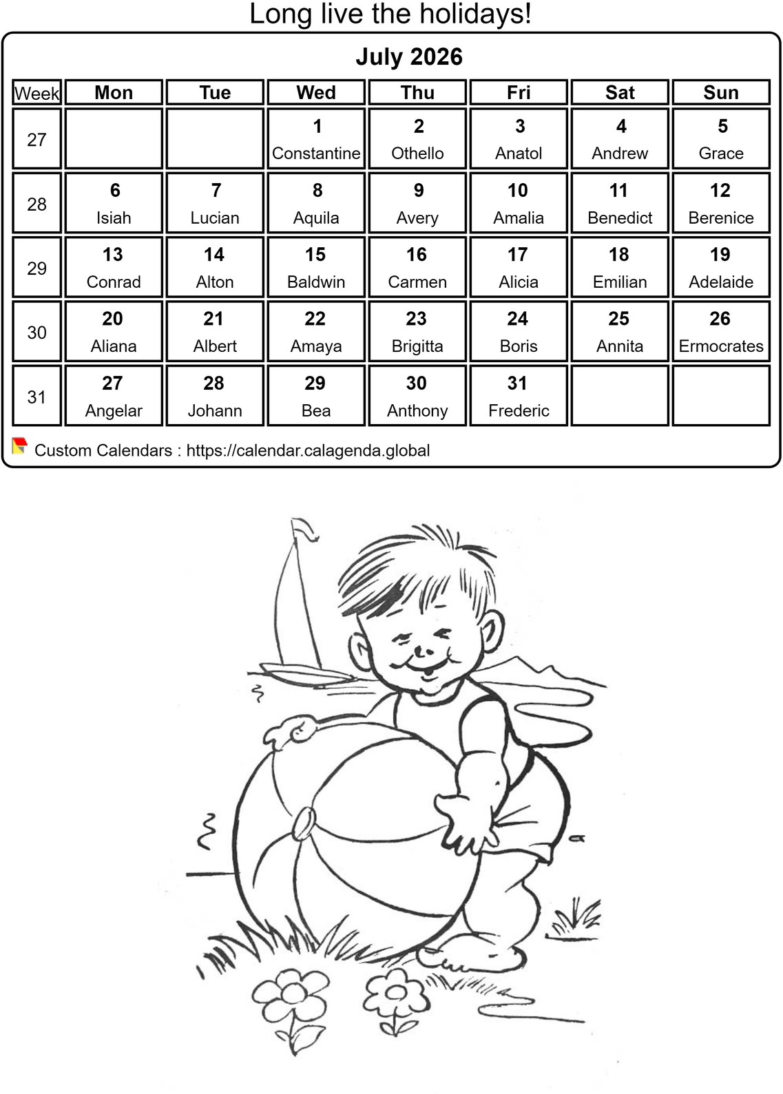 Calendar coloring July 2026