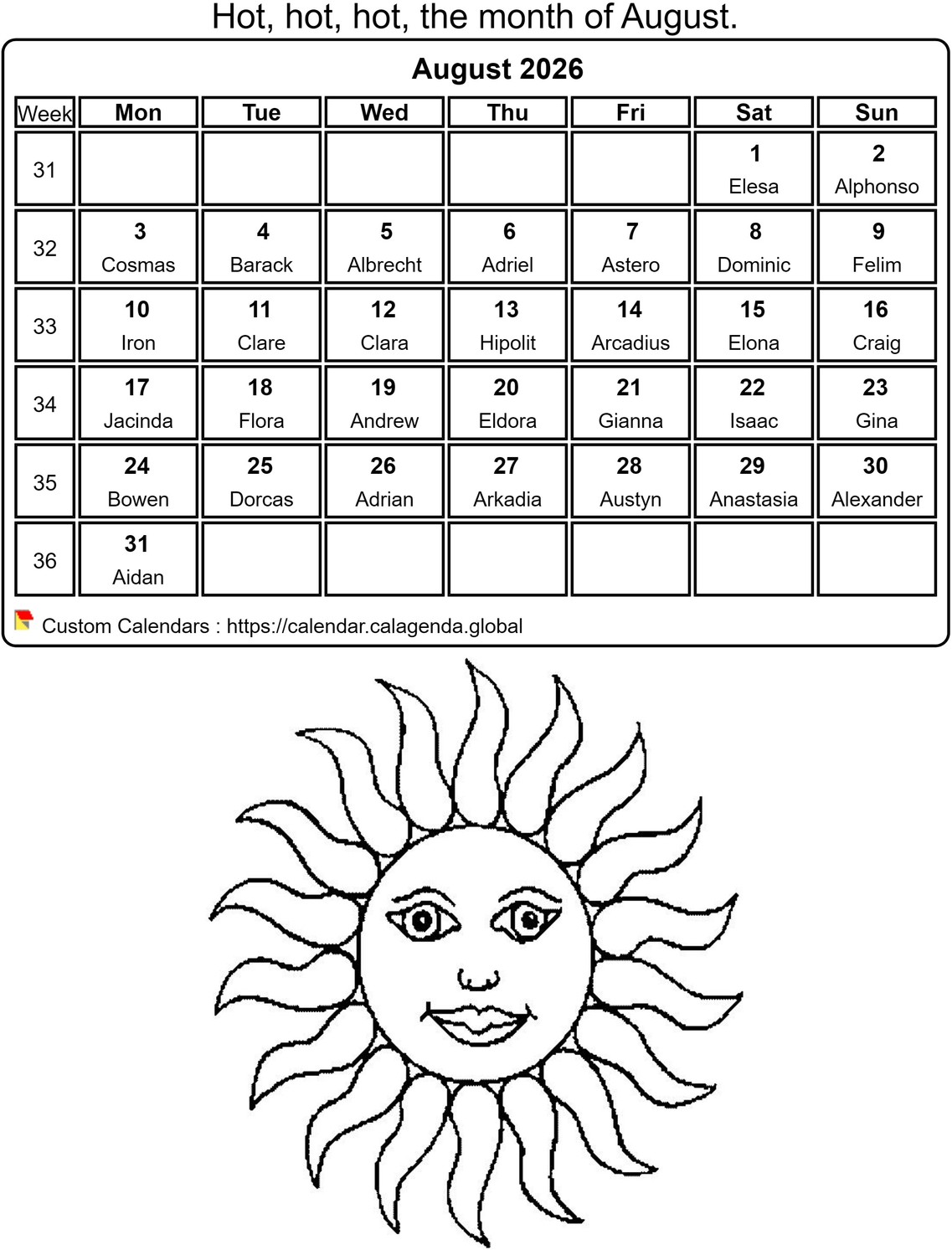 Calendar coloring August 2026